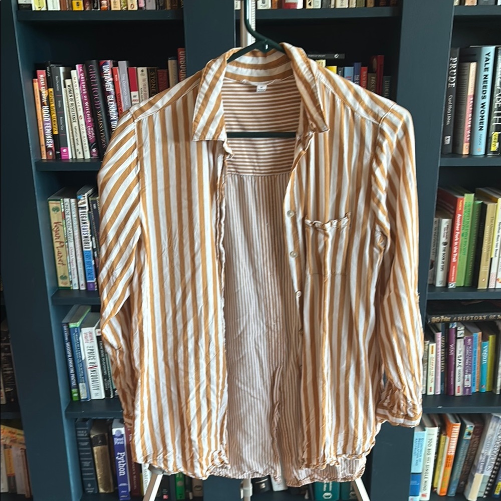 Striped Tan and White Button Down Shirt